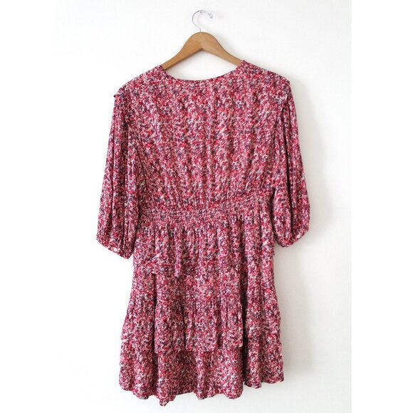 BA&SH Nina Tiered Printed Crepe Mini Dress / Small / Fuschia - Picture 6 of 11